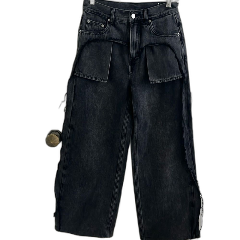 NWOT Poizon No One Else Black jeans wide leg raw pockets hems Sz 27